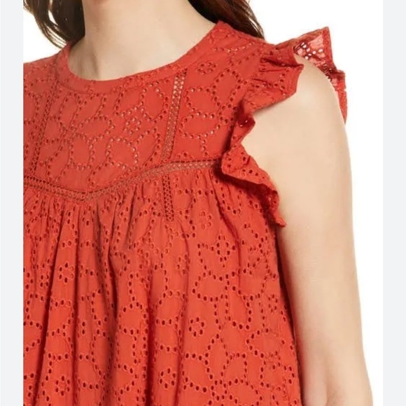 MADEWELL Eyelet Ruffle Sleeve Mini Dress Fresh Chili Orange Cap Sleeve Sz L - Picture 2 of 16
